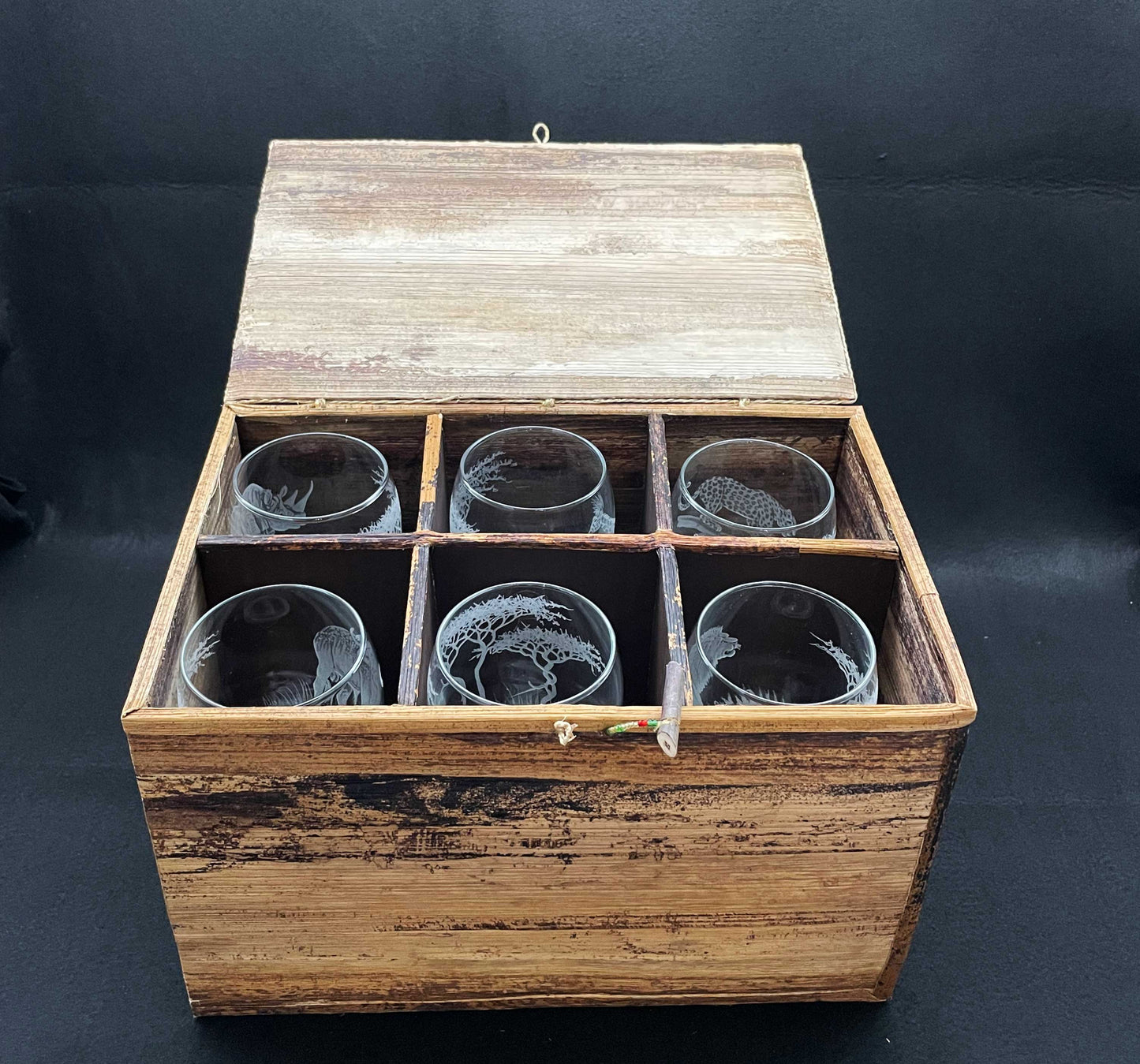 Wine Glasses, Engraved with African Animals in Banana Fibre presentation Box