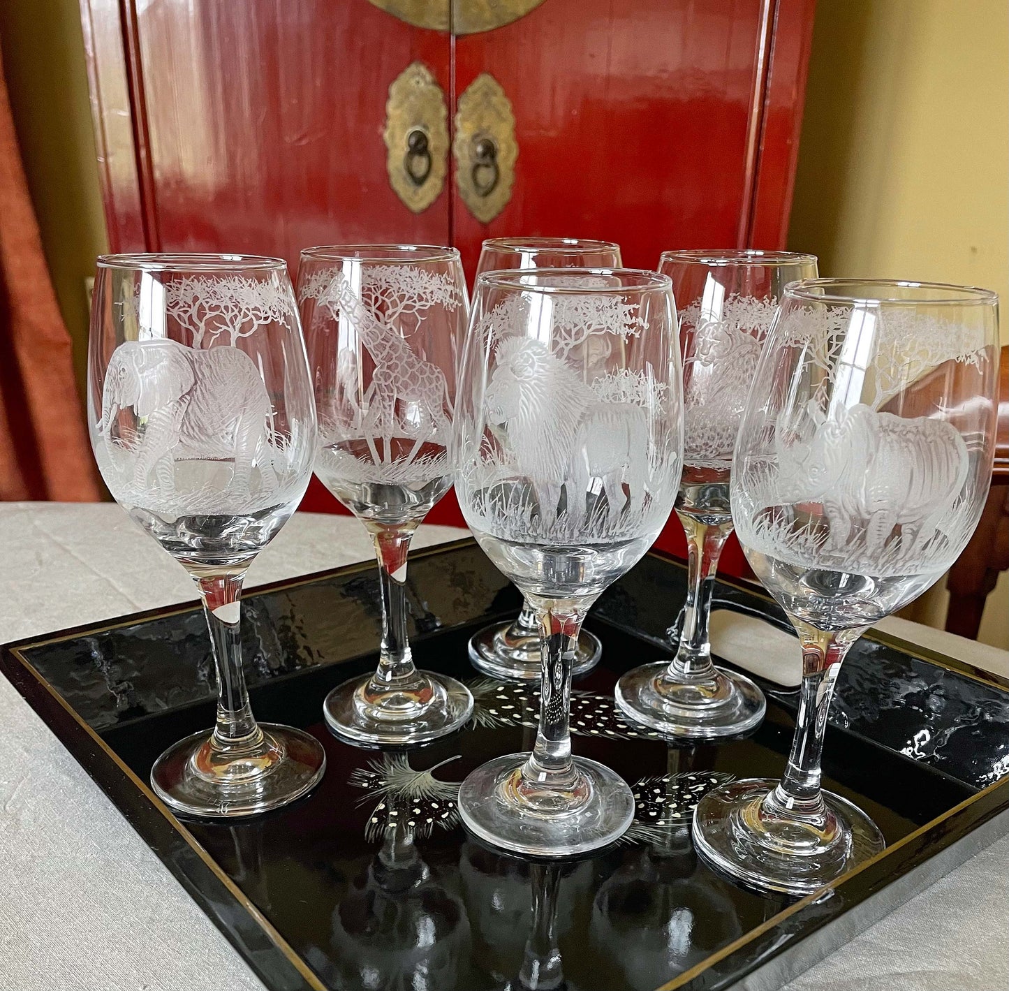 Wine Glasses, Engraved with African Animals in Banana Fibre presentation Box