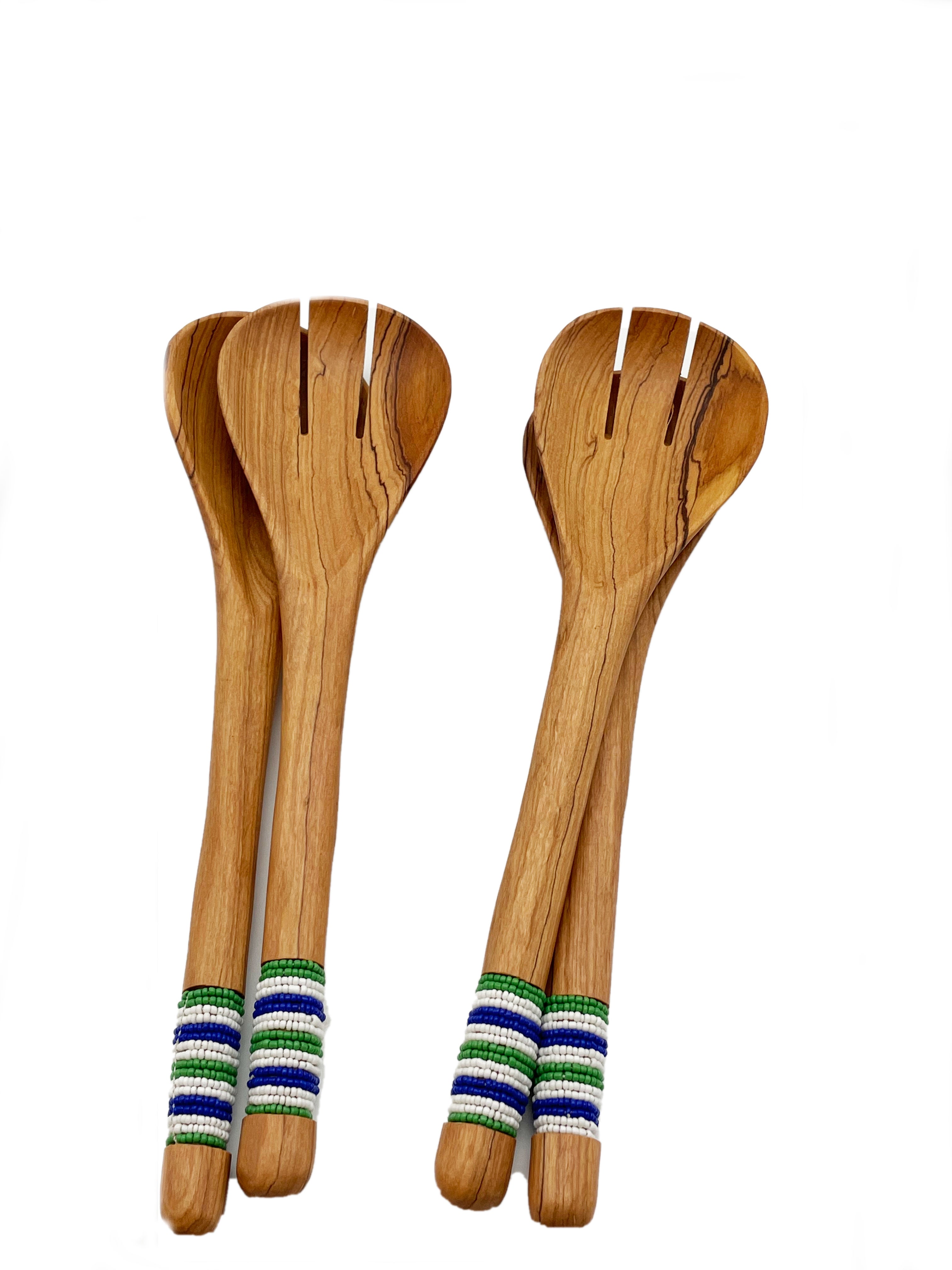 Olive wood Salad Servers with Beaded Handles.