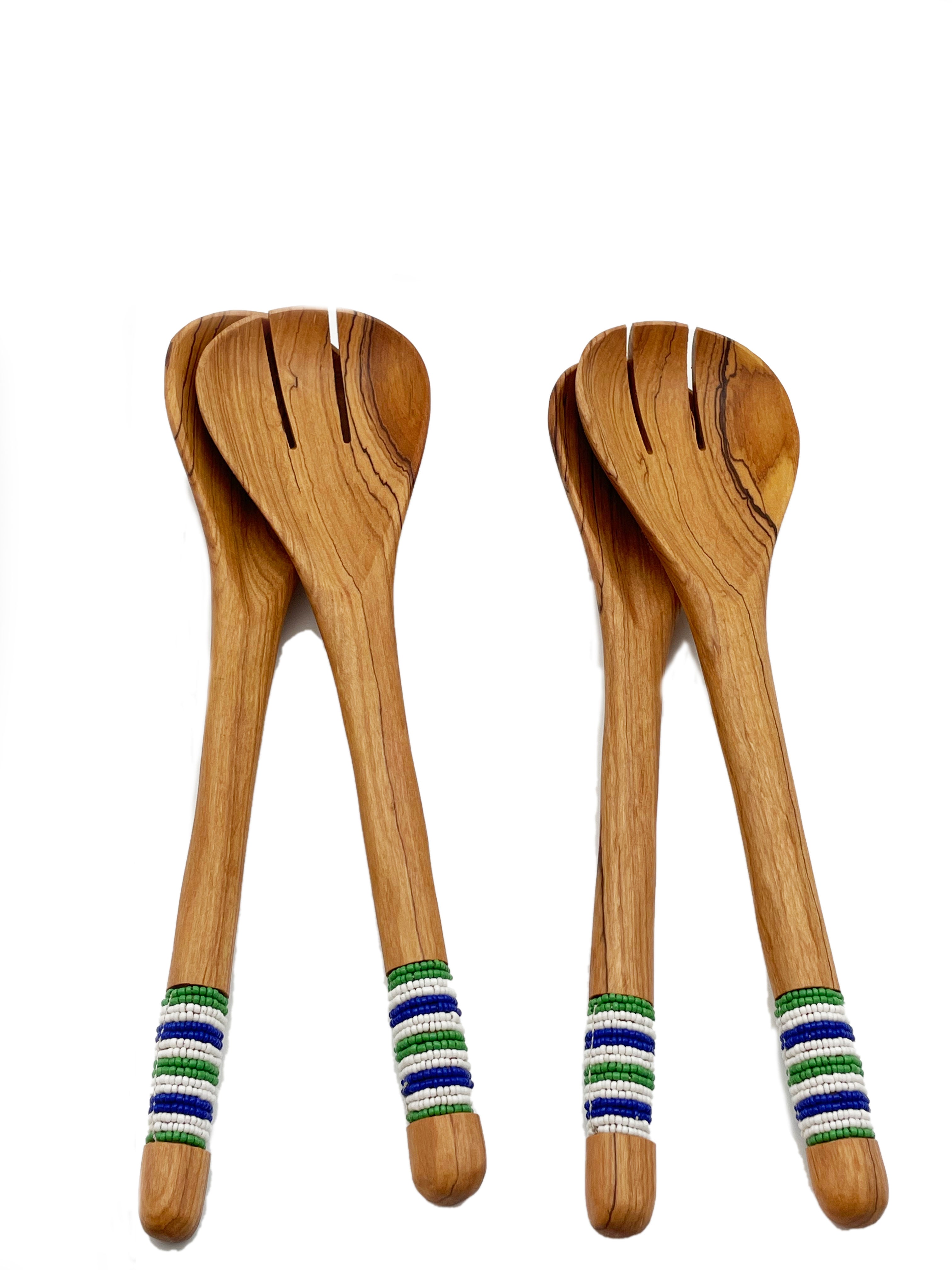 Olive wood Salad Servers with Beaded Handles.