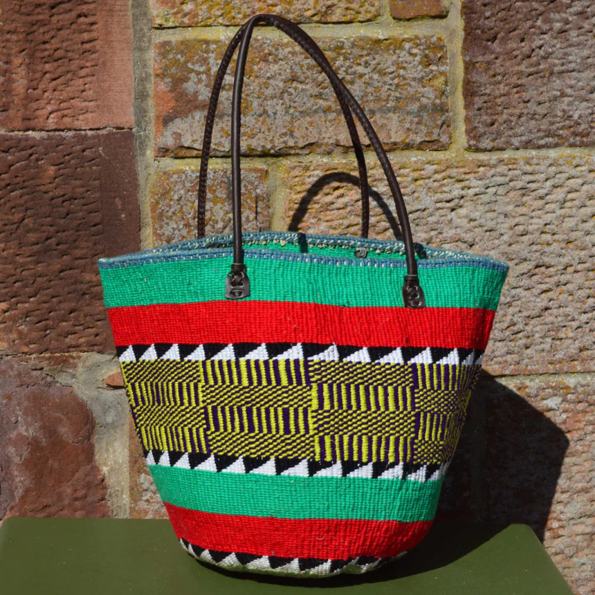 Woollen Kiondo Basket with Light Green, Red ,Yellow Hoops