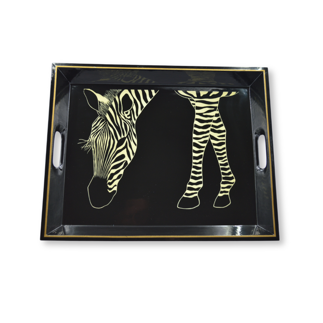 Drinks Tray Hand Painted Zebra eating on Black