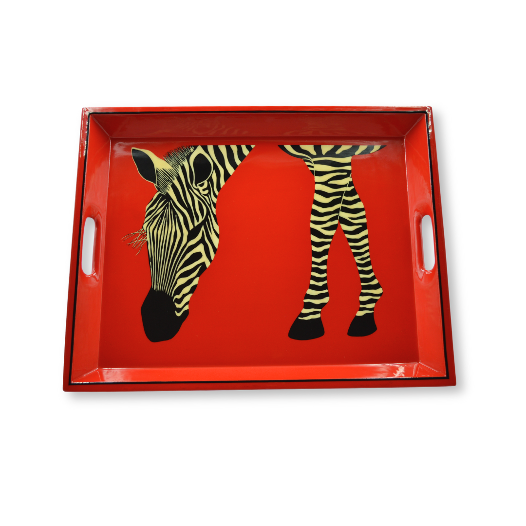 Drinks Tray Hand Painted Zebra Eating -Red