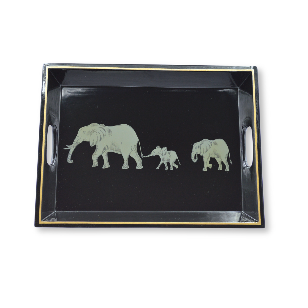Drinks Tray Hand Painted Elephant on Black