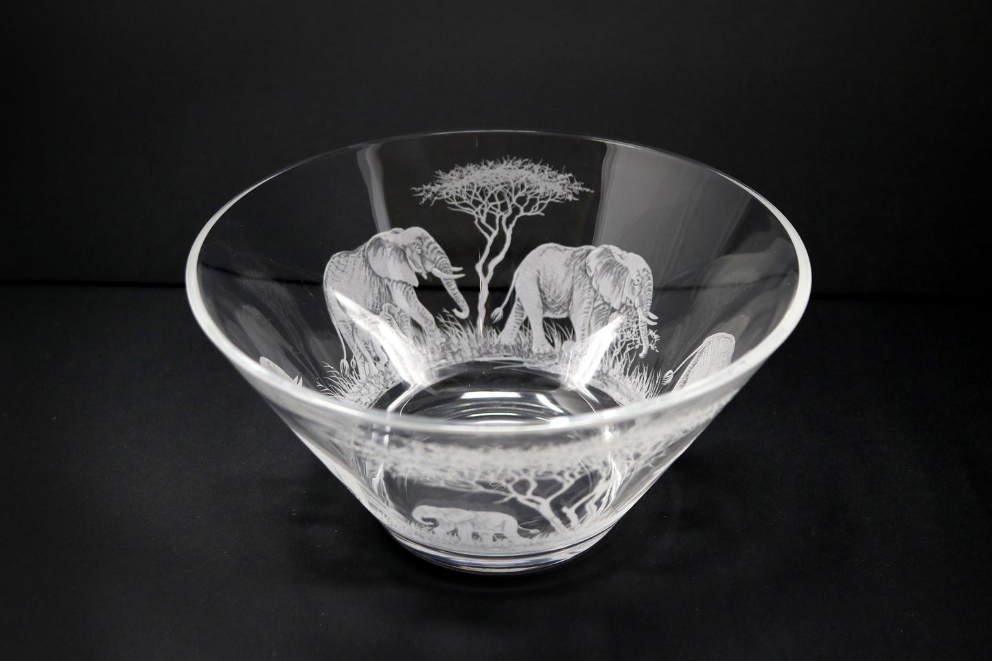 Glass Bowl, Engraved with Elephants in Banana Fibre Presentation Box