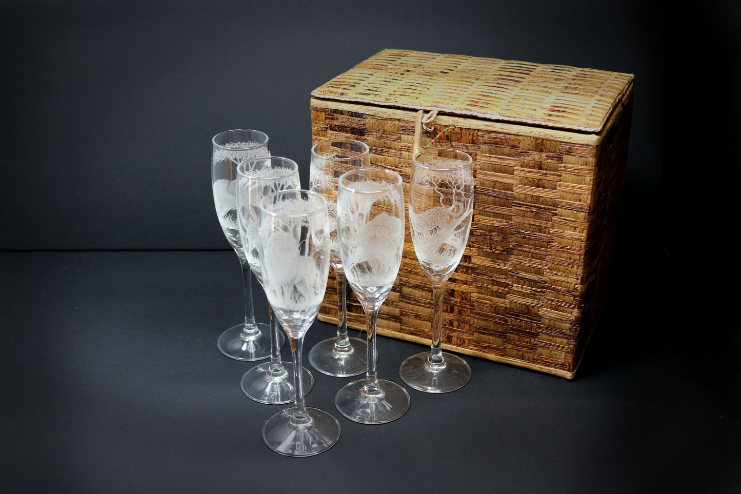 Champagne Glasses, Engraved with African Animals