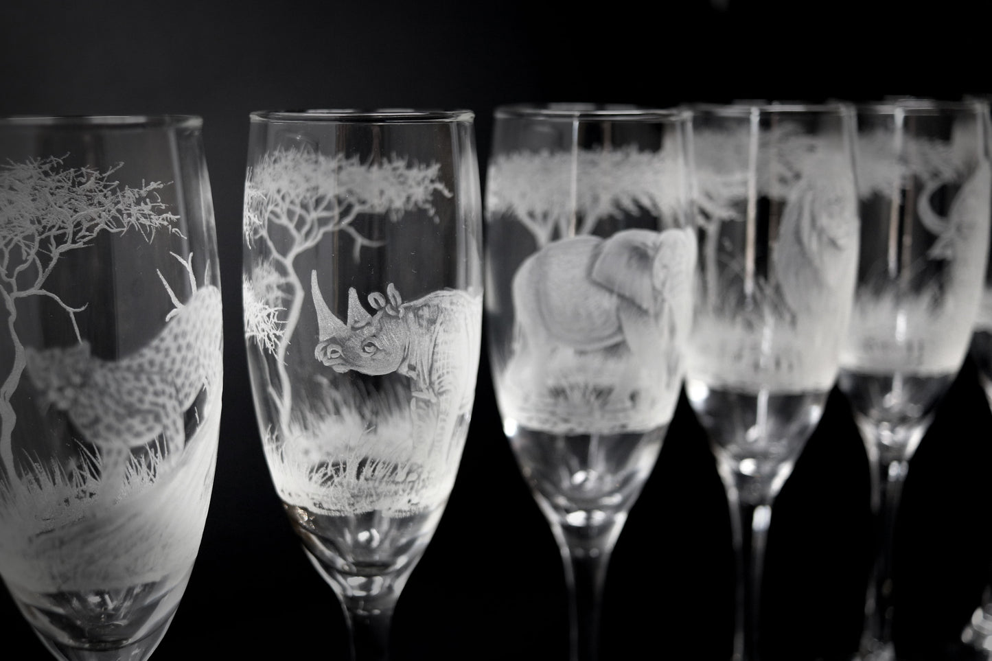 Champagne Glasses, Engraved with African Animals