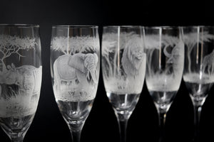 Champagne Glasses, Engraved with African Animals