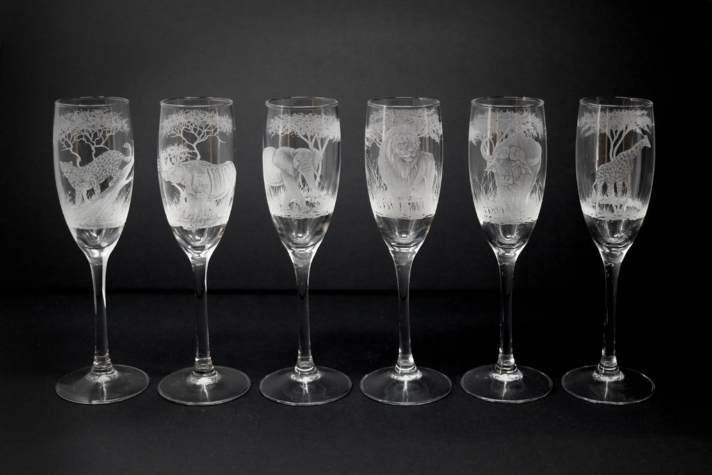Champagne Glasses, Engraved with African Animals