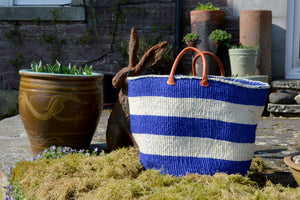 Extra Large Sisal Basket, Royal Blue and Ivory stripes