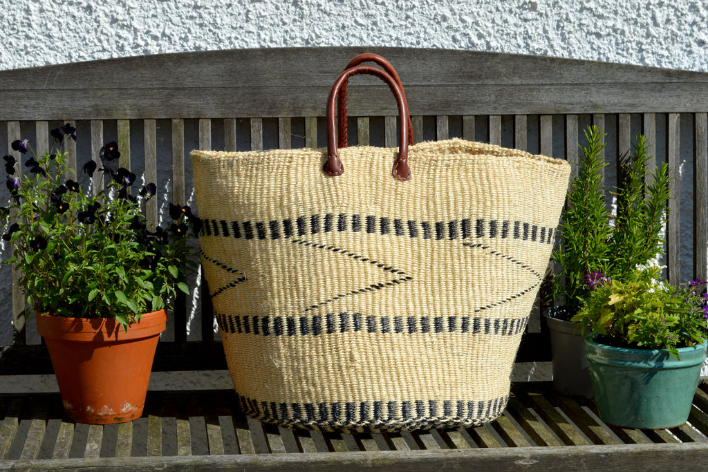 Extra Large Sisal Basket, Ivory with Black bands and chevrons