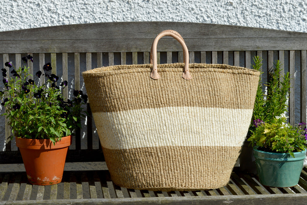 Extra Large Sisal Basket, Natural with thick Ivory band