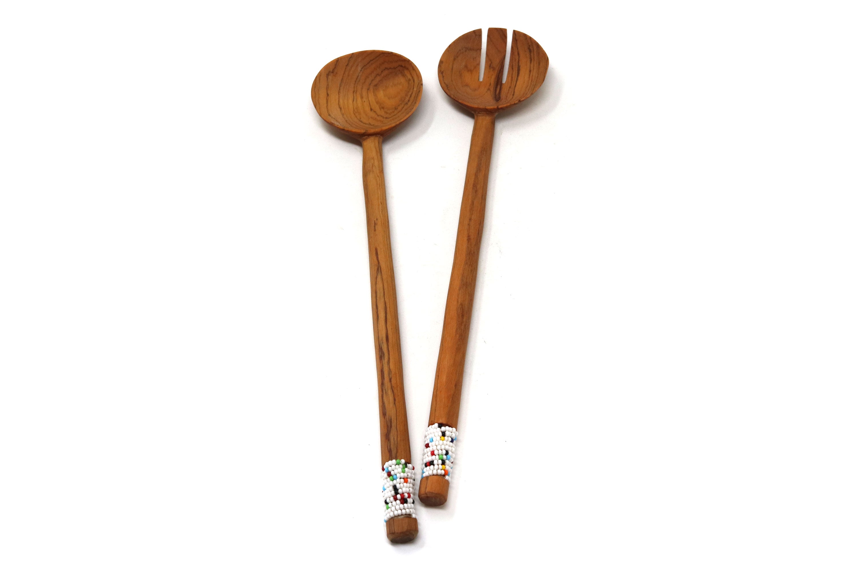 Olive wood Salad Servers with Beaded Handle Detail