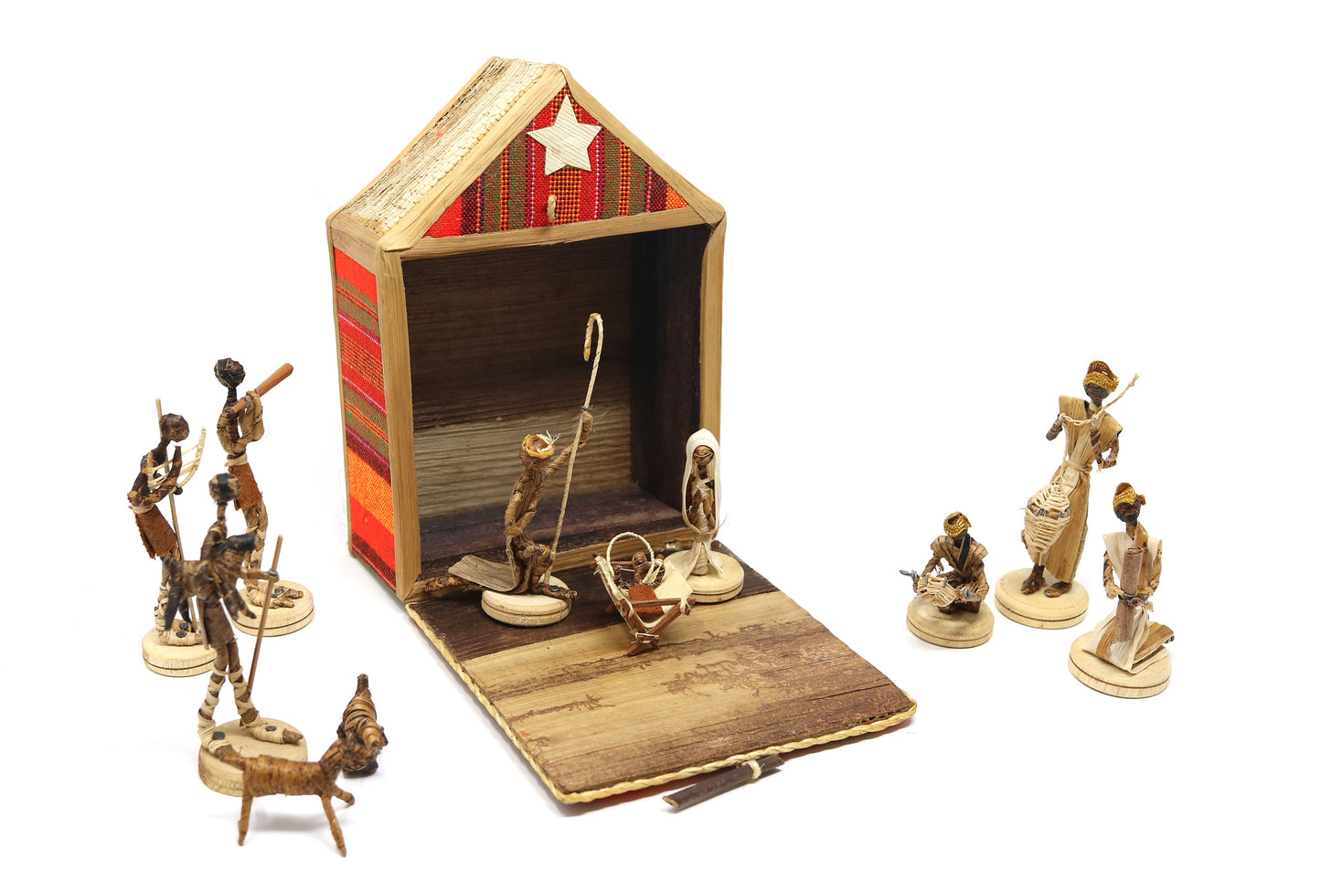 Nativity Set in Banana Fibre & red shuka cloth box